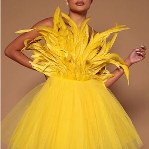 Vibrant Yellow Feathered Dress